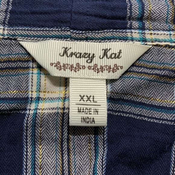 Krazy Kat Women’s 2X Blouse Blue White Plaid Open Front Fringed Trim 3/4 sleeves - Picture 13 of 15